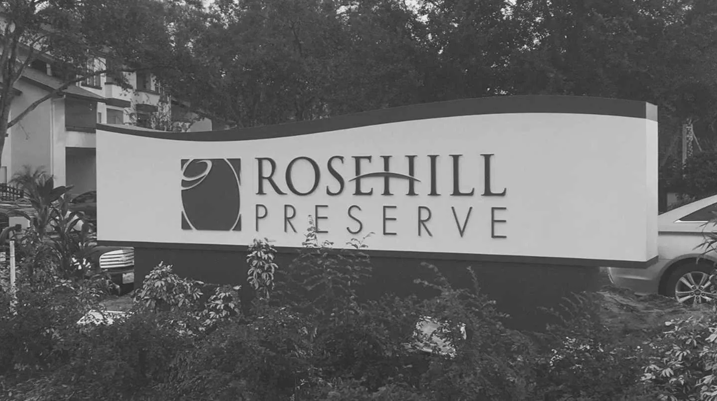Rosehill Preserve monument sign with dimensional lettering, photographed by day